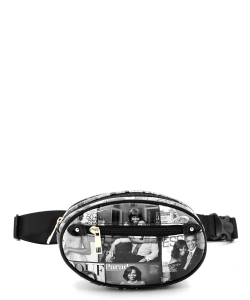 Magazine Cover Collage Oval Fanny Pack Waist Bag OA053 GRAY/BLACK